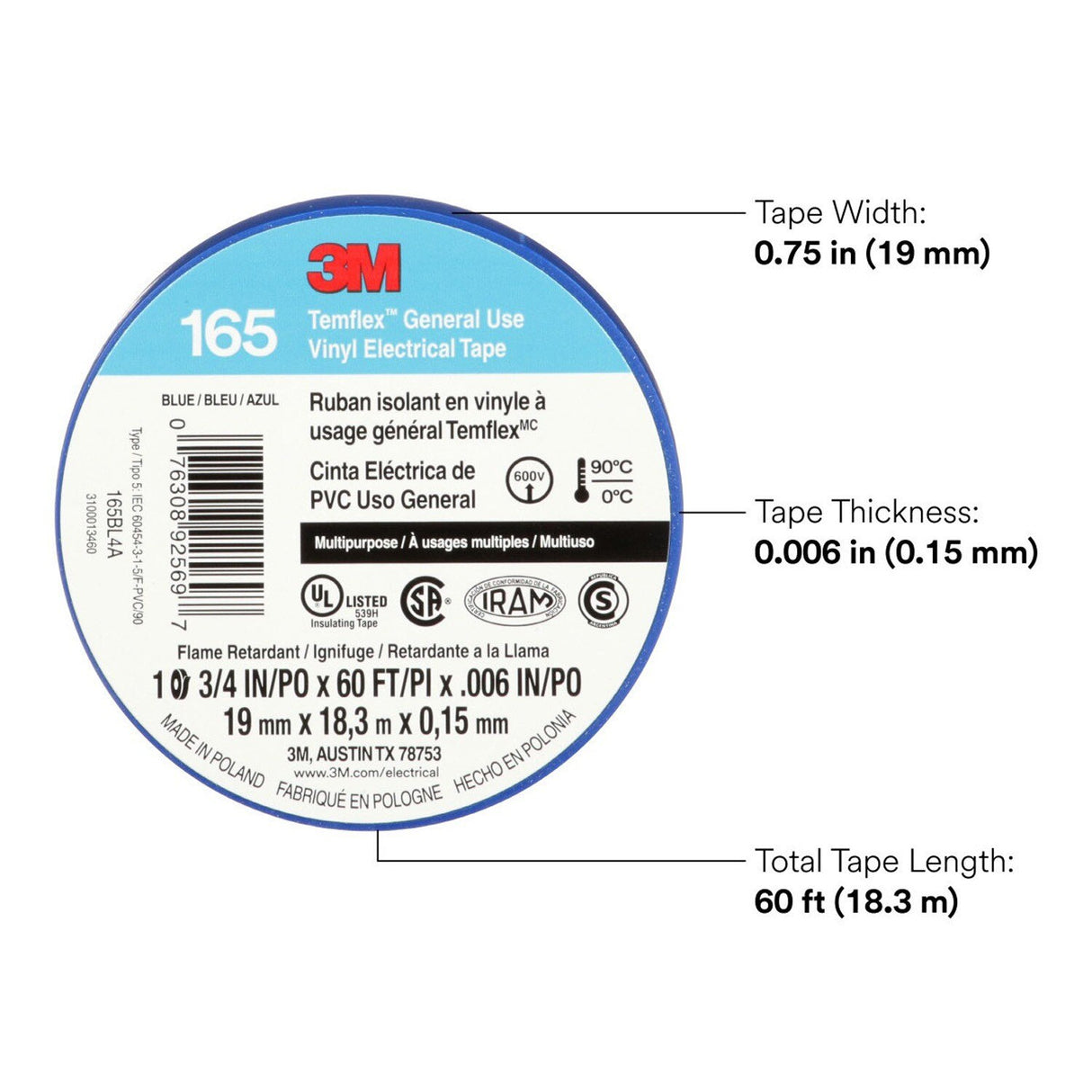 3M 165BL4A Temflex Vinyl Electrical Tape Blue 3/4 in x 60 ft 6 mil Multi-Purpose Flame Retardant (7100169429) - (10 Pack) - 9