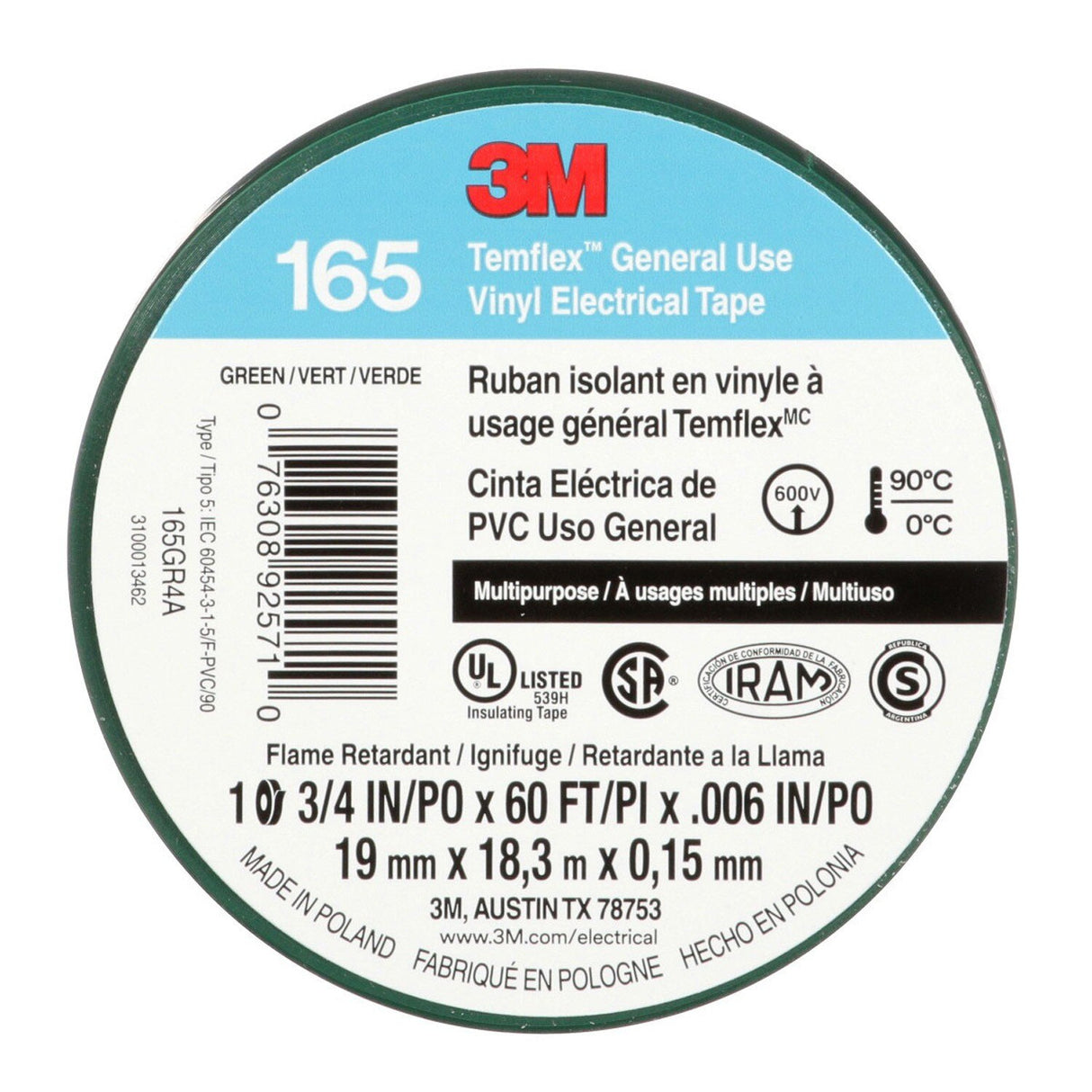3M 165 Temflex Multi-Purpose Vinyl Electrical Tape, Green, 3/4 in x 60 ft, 6 mil, 600 V, PVC, Flame Retardant (165GR4A) (7100169430) (10 Rolls) - (10Pack)