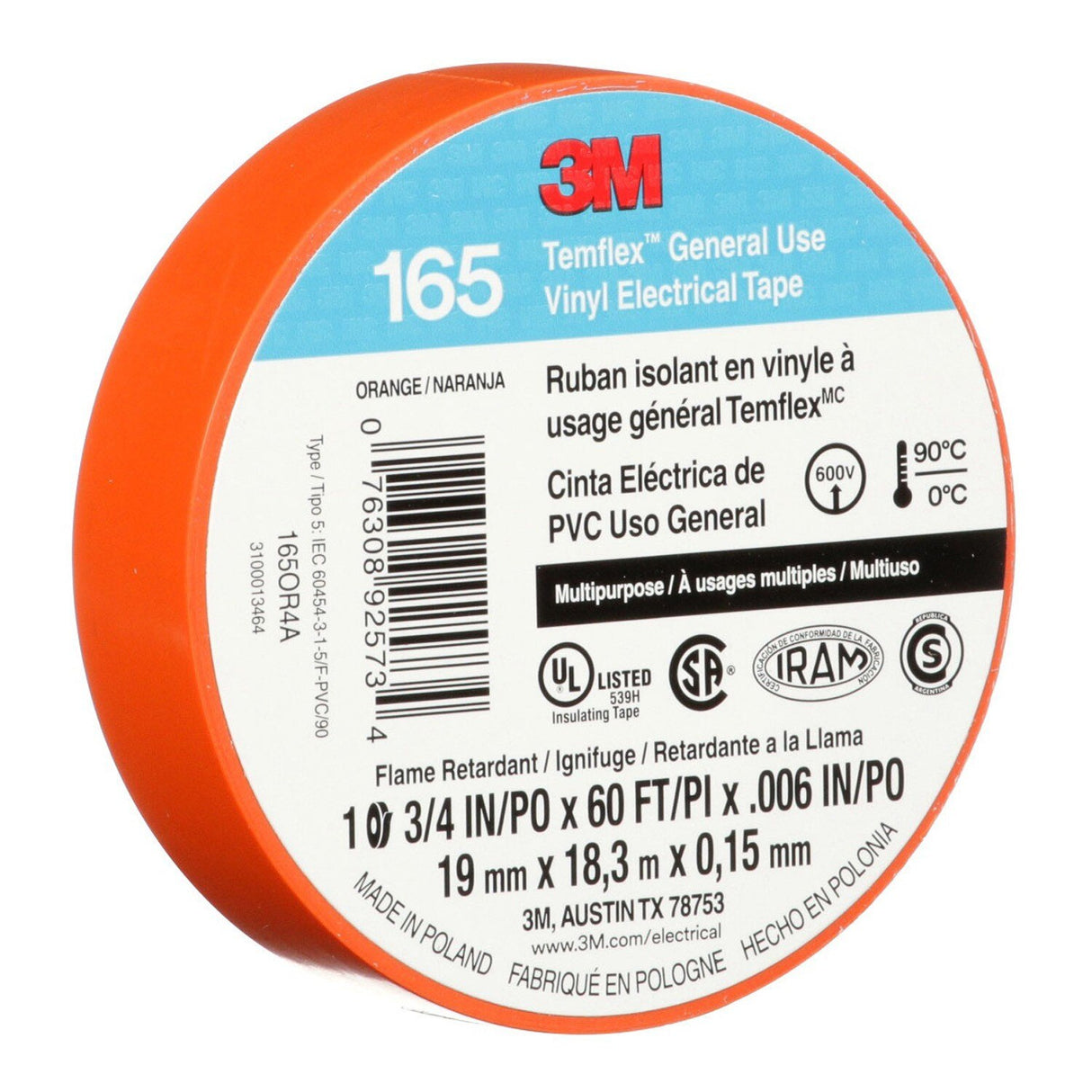 3M 165OR4A Temflex Multi-Purpose Vinyl Electrical Tape, Orange, 3/4 in x 60 ft, 6 mil (7100169433) - (10 Pack) - 5