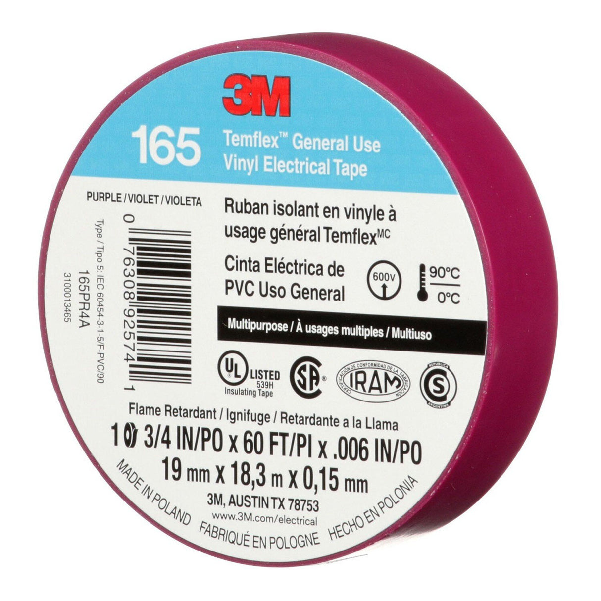 3M 165 Temflex Multi-Purpose Vinyl Electrical Tape, Purple, 3/4 in x 60 ft, 6 mil (165PR4A) (7100169434) (10 Roll Pack) - (10Pack) - 6