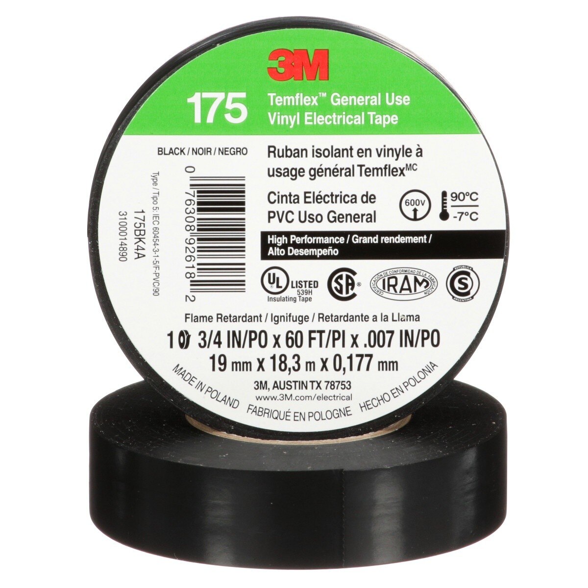 3M Temflex 175 Vinyl Electrical Tape, Black, 7 mil, 3/4 in x 60 ft, Flame Retardant, Rubber Adhesive (7100188506) - (100 Pack) - 2