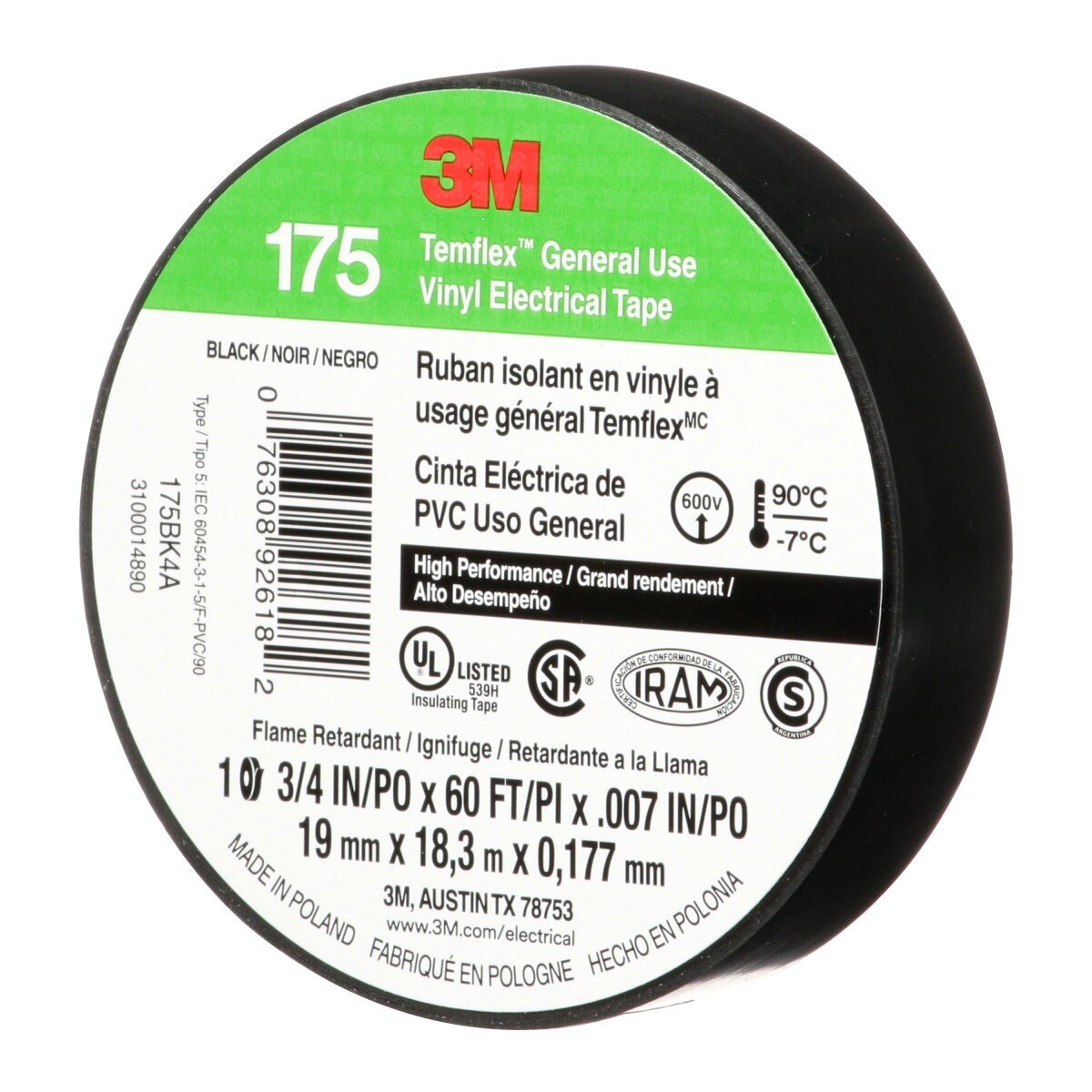 3M Temflex 175 Vinyl Electrical Tape, Black, 7 mil, 3/4 in x 60 ft, Flame Retardant, Rubber Adhesive (7100188506) - (100 Pack) - 3