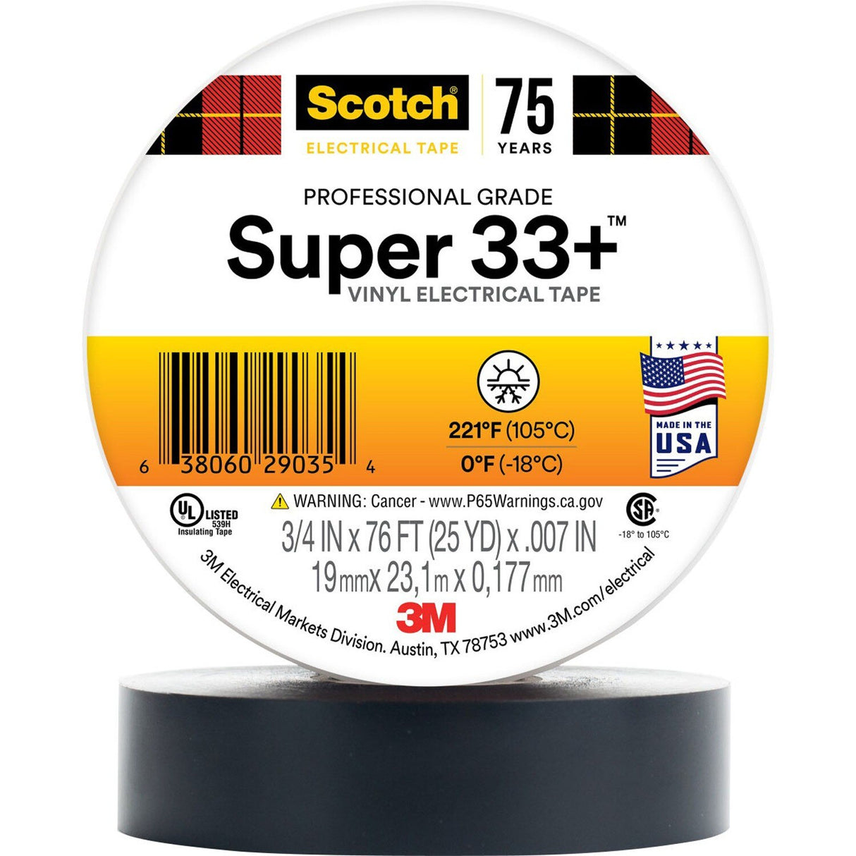 3M 33+-3/4X76FT-1 Scotch Super 33+ Vinyl Electrical Tape, Black, 3/4 in x 76 ft, 1 in Core, 7 mil, Professional Grade, All-Weather, Flame Retardant (7100201470) - (100 Pack)
