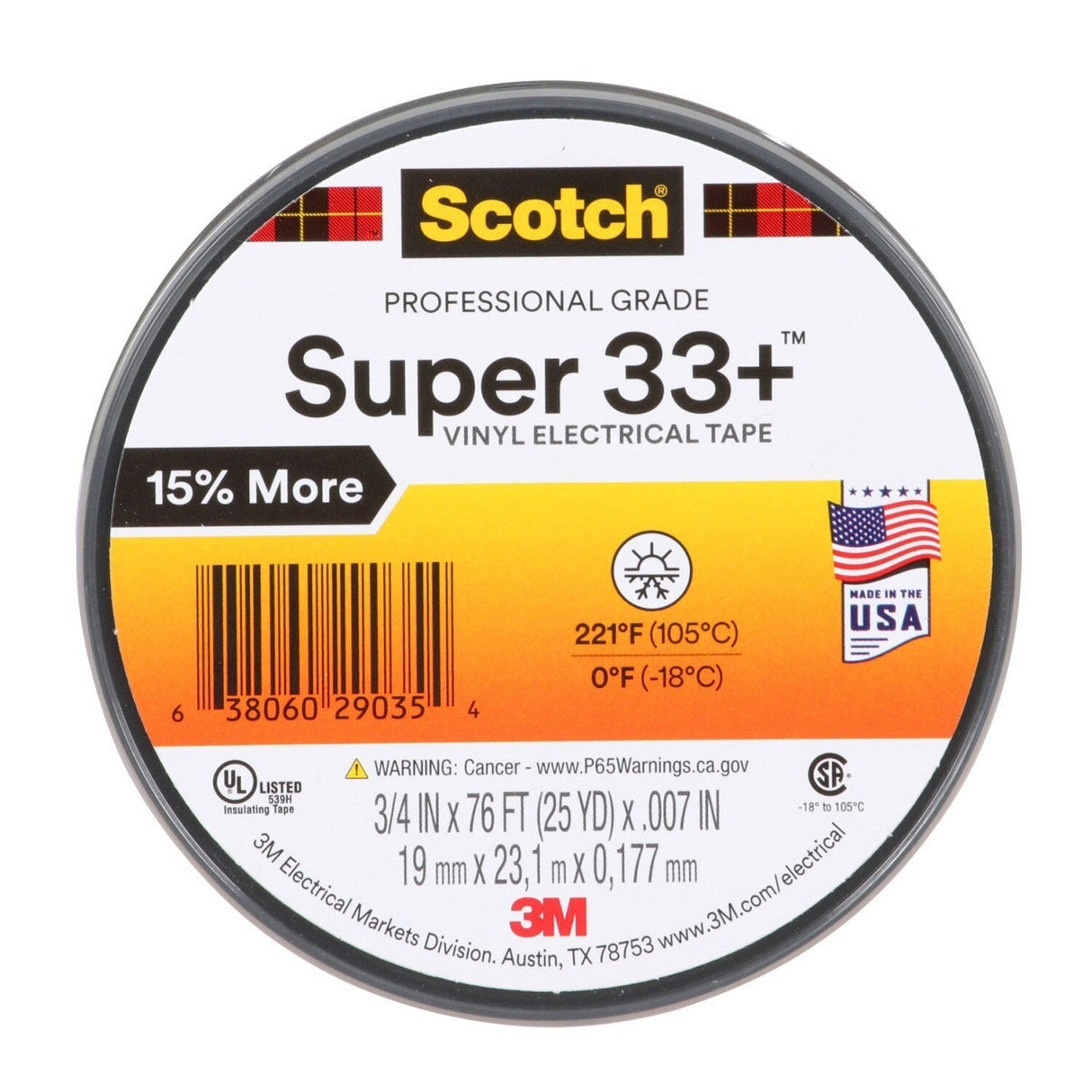 3M 33+-3/4X76FT-1 Scotch Super 33+ Vinyl Electrical Tape, Black, 3/4 in x 76 ft, 1 in Core, 7 mil, Professional Grade, All-Weather, Flame Retardant (7100201470) - (100 Pack) - 3