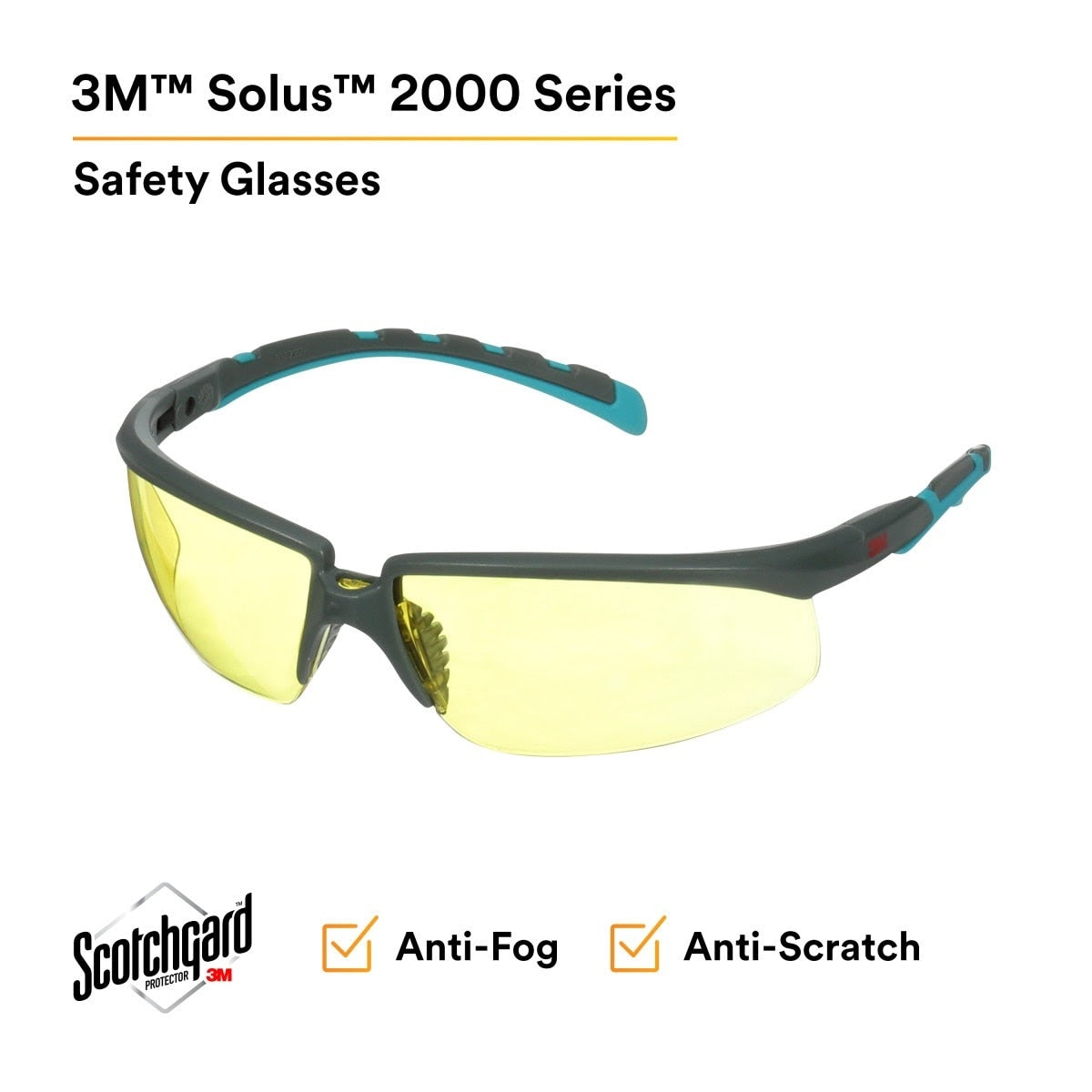 3M S2003SGAF-BGR Solus 2000 Series, Gray/Blue-Green Temples, Scotchgard Anti-Fog Coating, Amber AF-AS lens (7100203164) (20 Pack) - 2