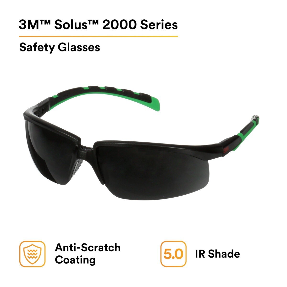 3M S2050AS-BLK Solus 2000 Series Safety Glasses, Anti-Scratch, IR Shade 5.0 Gray Lens, Black/Green Temples (7100203186) (20 Pack) - 5