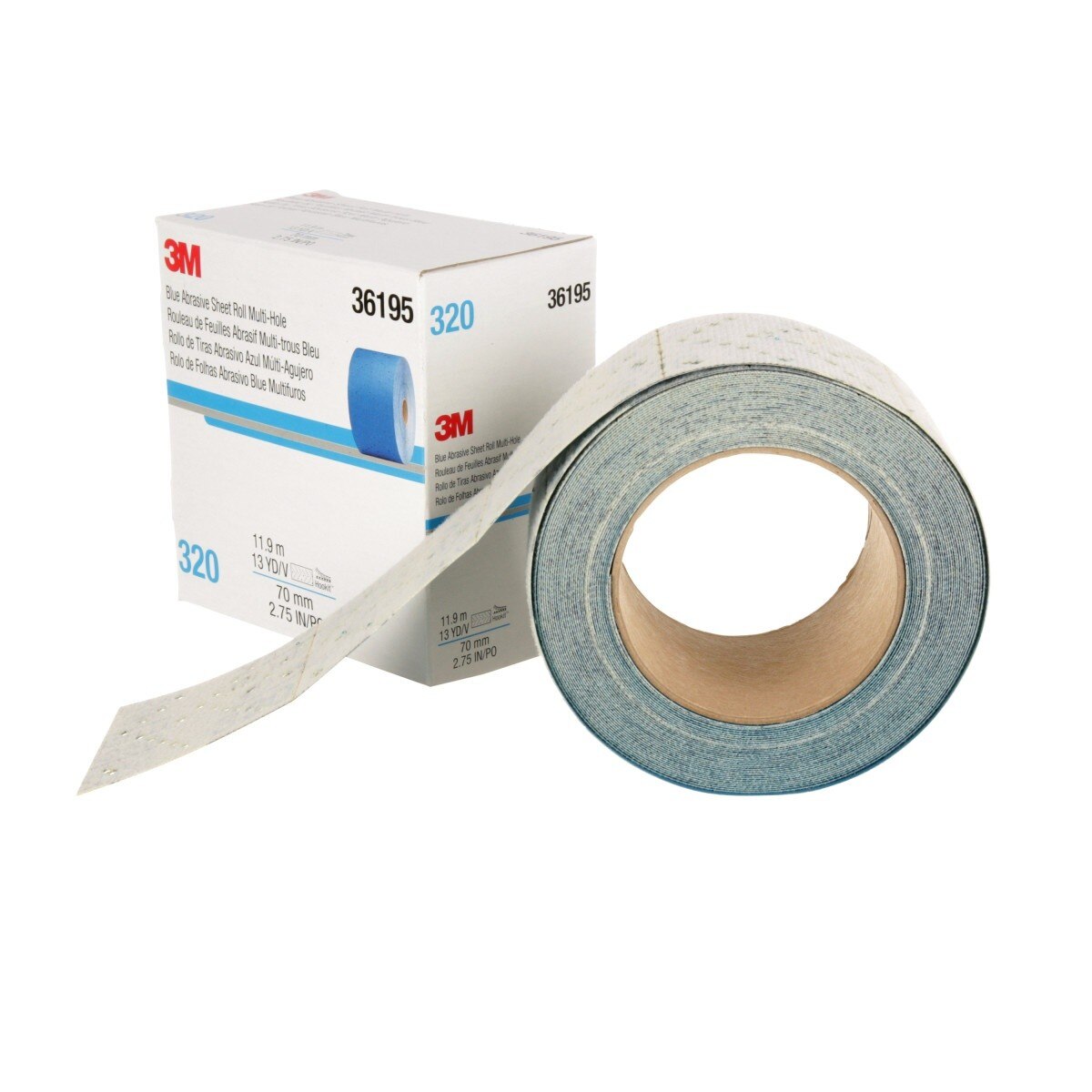 3M 321U 36195 Hookit Blue Abrasive Sheet Roll, Multi-Hole, 320 Grit, 2-3/4 in x 13 yd, Automotive Sanding (7100219220) - (4 Pack) - 8