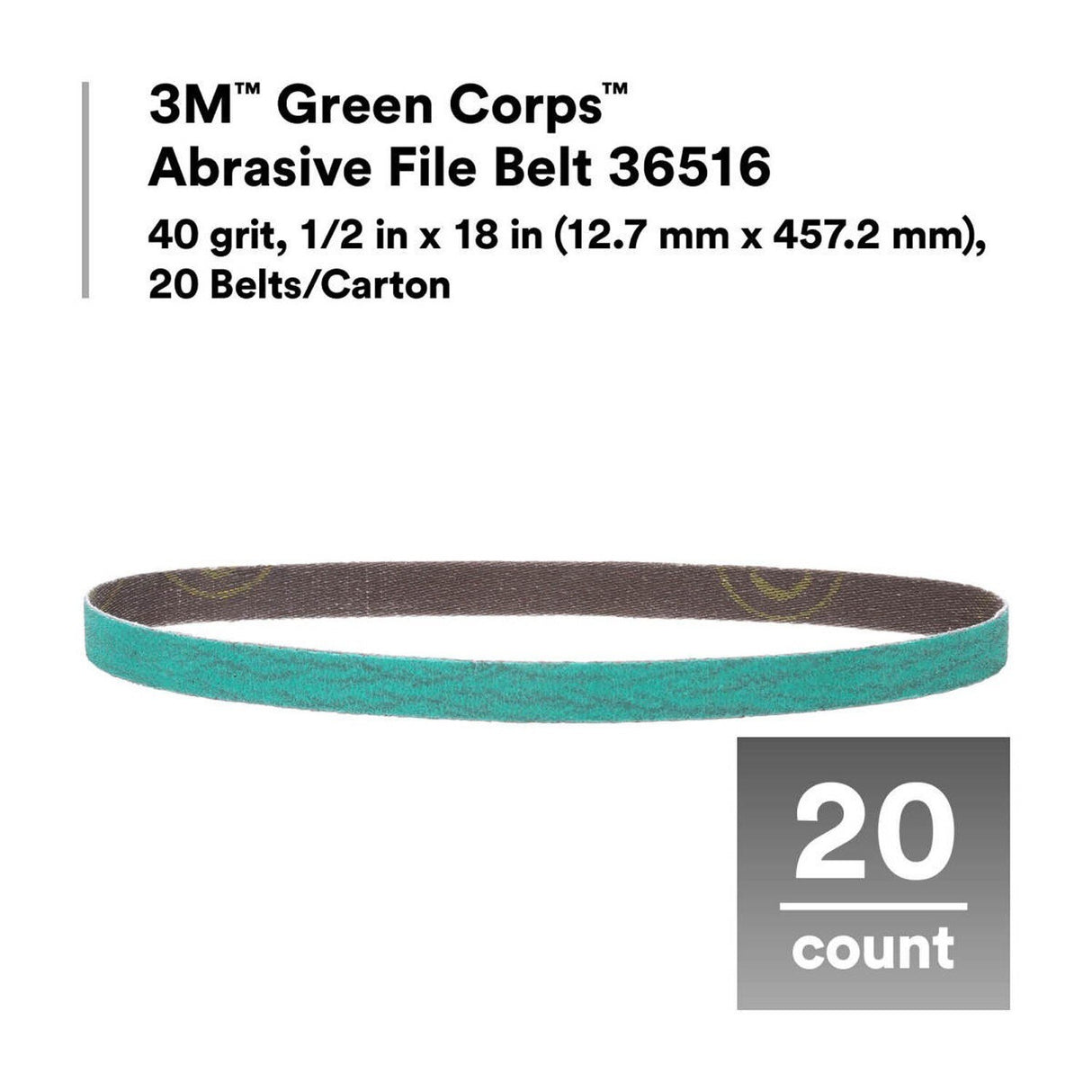 3M 36516 Green Corps Abrasive File Belt, 40 Grit, 1/2 in x 18 in, Green (7100225352) (100 Pack) - 4