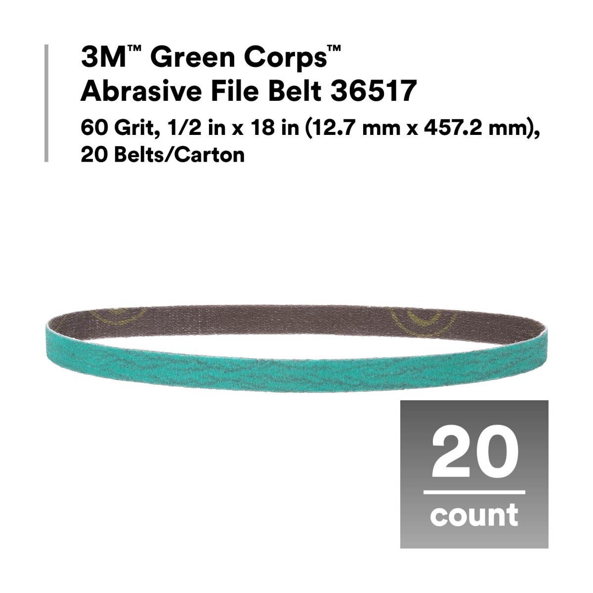 3M 36517 Green Corps Abrasive File Belt, 60 Grit, Ceramic Aluminum Oxide, Green, 1/2 in x 18 in (7100226310) (100 Pack) - 2