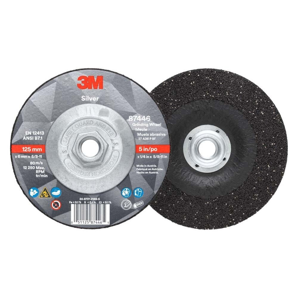 3M 87446 Silver Depressed Center Grinding Wheel, 36+, T27 Quick Change, 5 in x 1/4 in x 5/8 in-11 (7100245020) (20 Pack) - 2