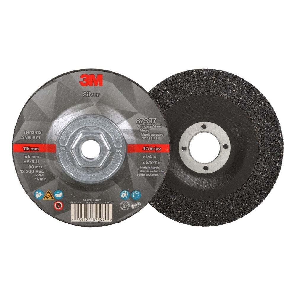 3M 87397 Silver Depressed Center Grinding Wheel, 36+, T27 Quick Change, 4.5 in x 1/4 in x 5/8 in-11 (7100245024) (20 Pack) - 2
