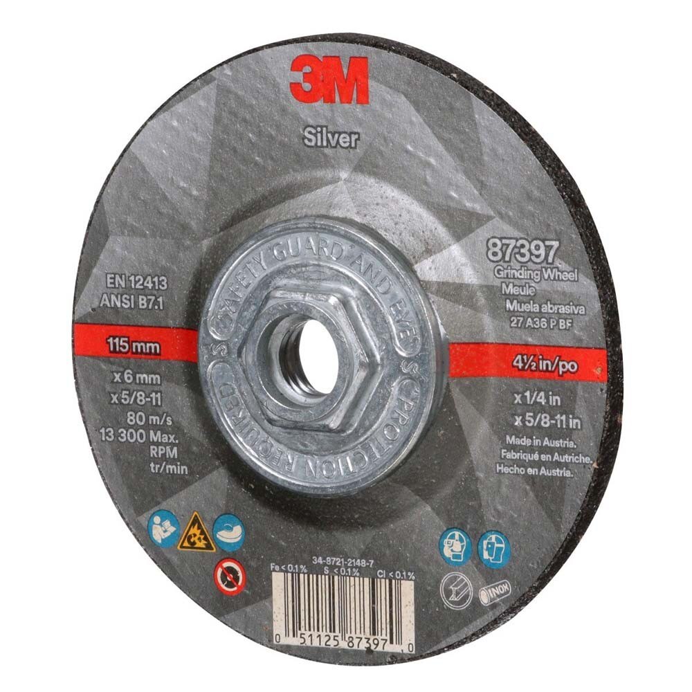 3M 87397 Silver Depressed Center Grinding Wheel, 36+, T27 Quick Change, 4.5 in x 1/4 in x 5/8 in-11 (7100245024) (10 Pack) - 3