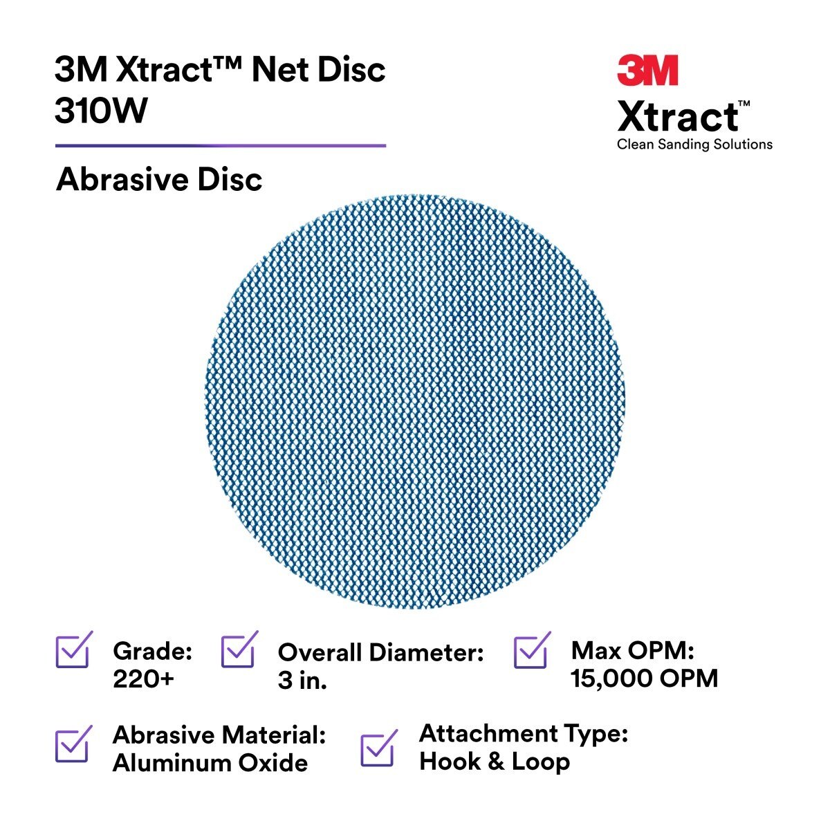 3M 310W Xtract Hookit Clean Sanding Net Disc, 220+, Blue, 3 in x NH, Die 300V (88434) (7100247530) (500 Pack) - 2