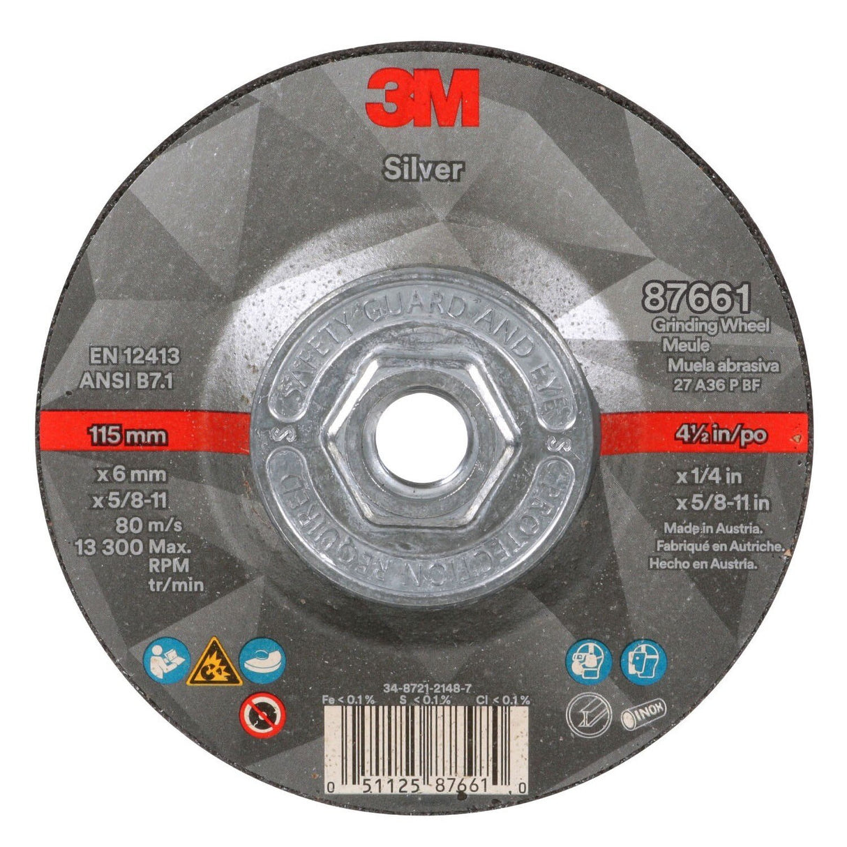 3M Silver Depressed Center Grinding Wheel, 36+, T27 Quick Change, Black, 4.5 in x 1/4 in x 5/8-11 (87661) (7100256472) - (10Pack)