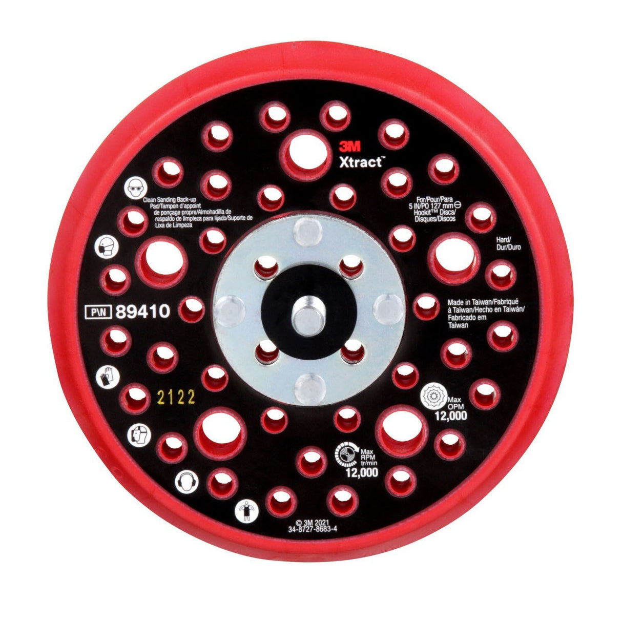 3M Xtract Hookit Hook and Loop Sanding Disc Backup Pad, Hard, Red, 5 in, 44 Holes, Low Profile, Max 12000 RPM OPM, 5/16-24 EXT (89410) (7100273463) - (10Pack)