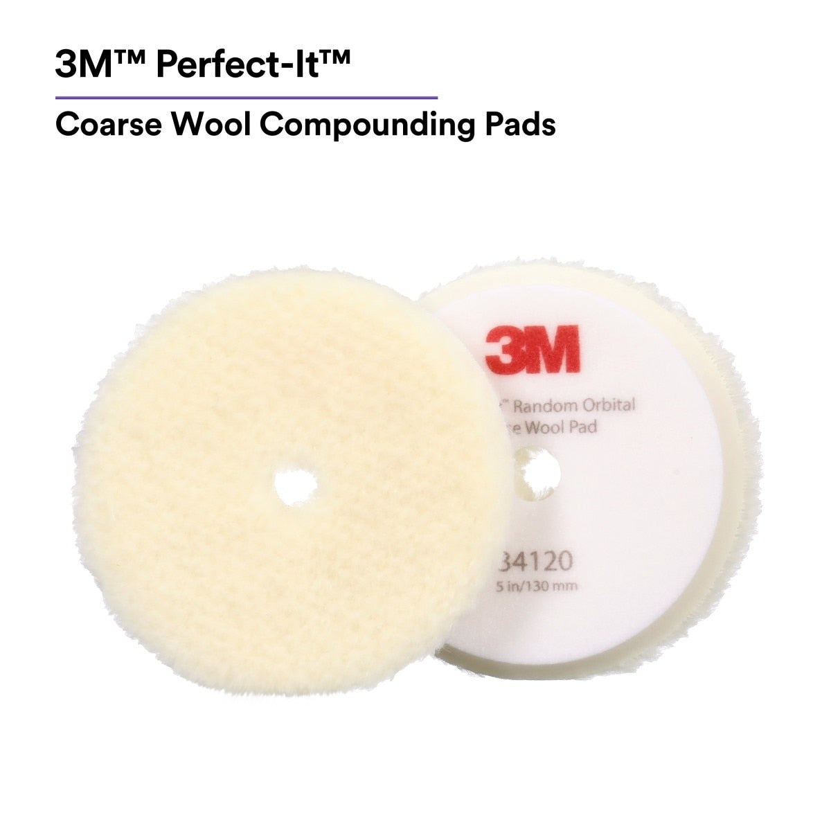 3M 34120 Hookit Random Orbital Coarse Wool Compounding Pads, White, 5 in x 130 mm (7100276851) (12 Pack) - 5