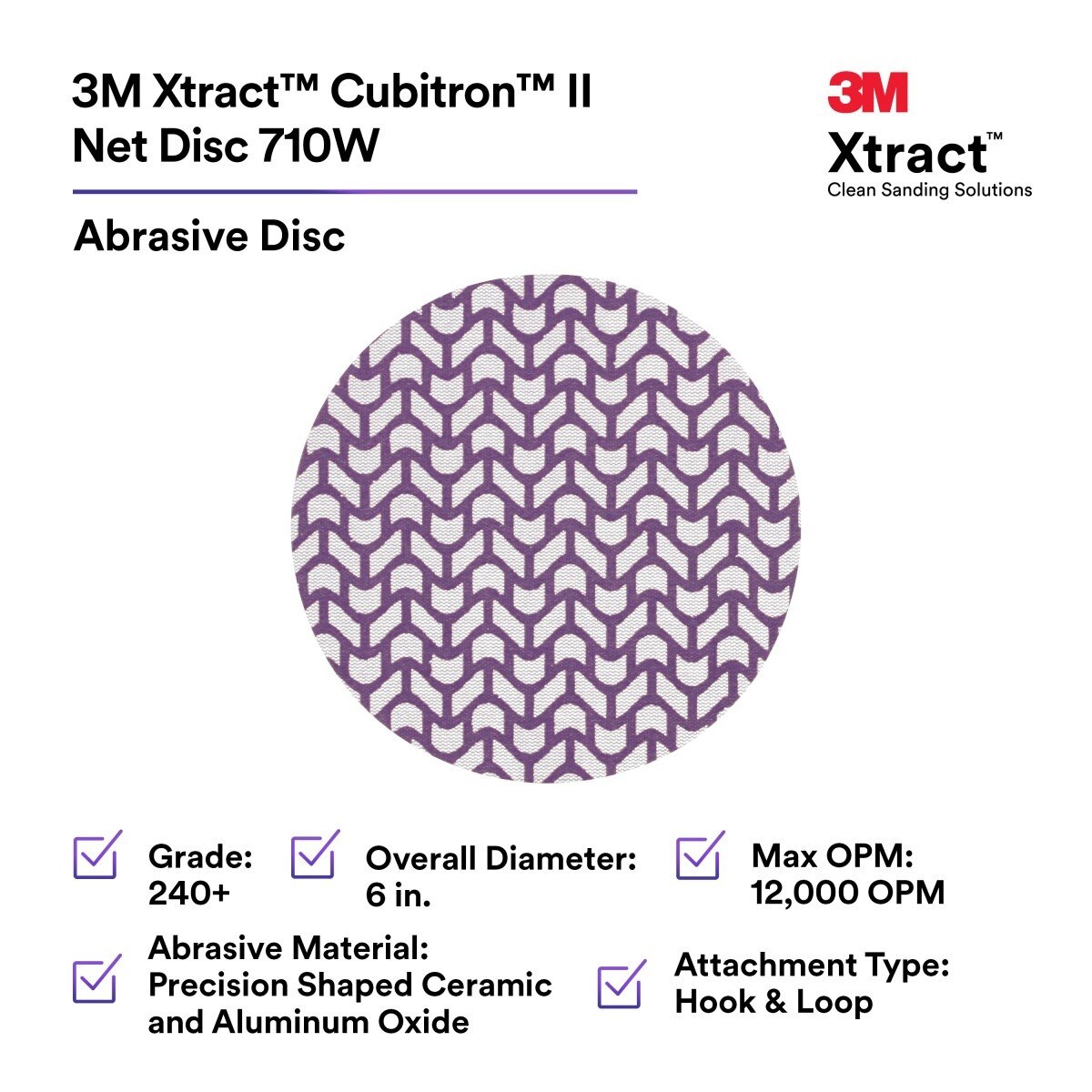 3M 710W Xtract Clean Sanding Cubitron II Net Disc, 240+, Purple, 6 in, Die 600Z, Hook and Loop (7100288132) (300 Pack) - 2