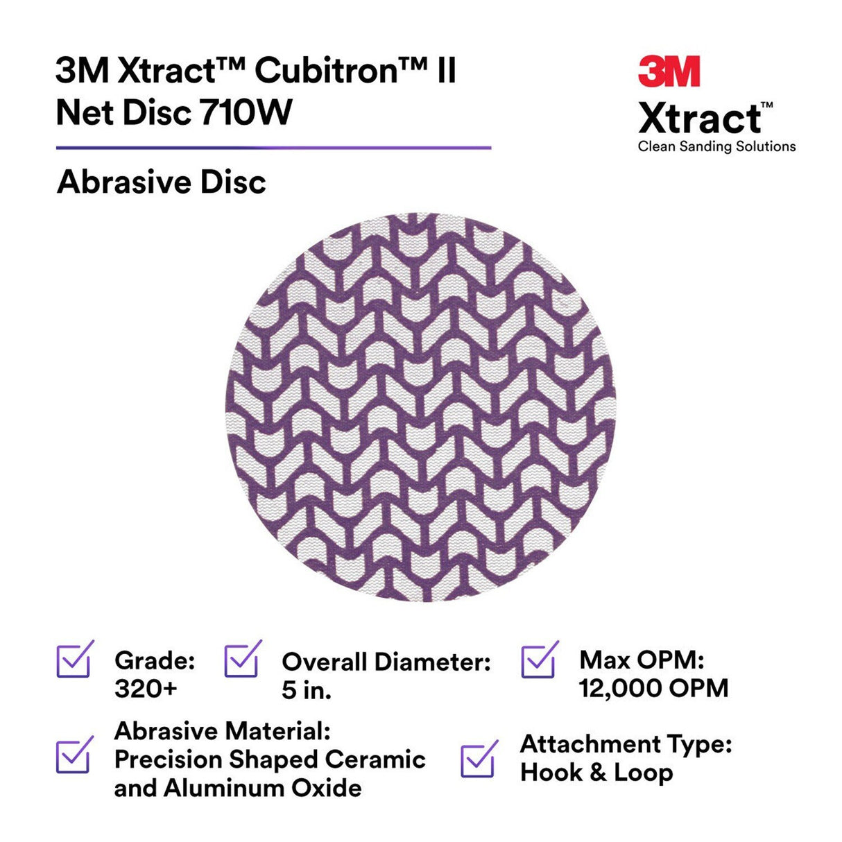 3M 710W Cubitron II Hookit Net Disc, 320+, 5 in x NH, Die 500X, Purple (7100288134) (300 Pack) - 2