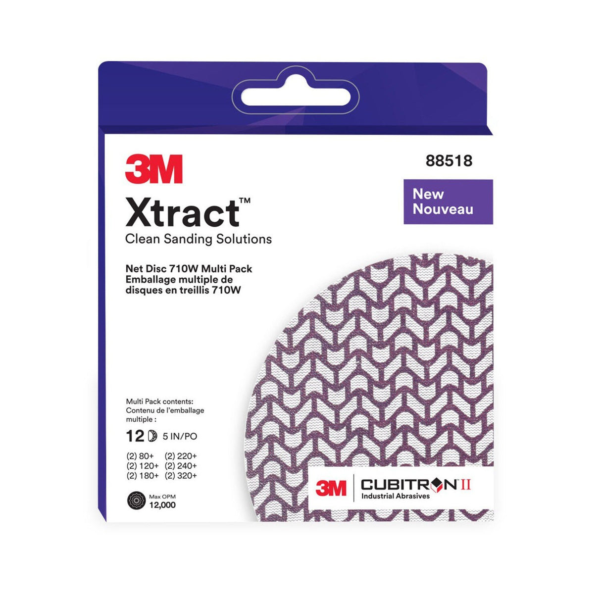 3M 710W Xtract Clean Sanding Net Disc, 5 in, Hook and Loop, Assorted Grades 80+ 120+ 180+ 220+ 240+ 320+ Purple (7100288313) (240 Pack)