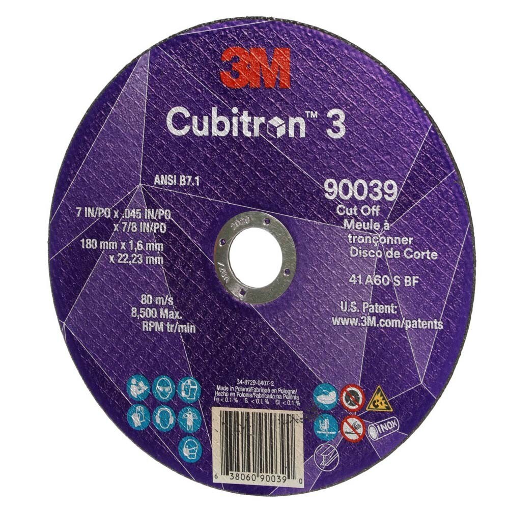 3M 90039 Cubitron 3 Cut-Off Wheel, 7 in x 0.045 in x 7/8 in, 60+ Grit, ANSI B7.1, Precision Shaped Grain for Metal and Stainless (7100313189) - (50Pack) - 2