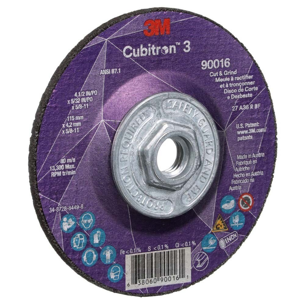 3M 90016 Cubitron 3 Cut and Grind Wheel, 36+, T27, 4-1/2 in x 5/32 in x 5/8 in-11 (115 x 4.2 mm x 5/8-11 in), ANSI (7100313194) (10 Pack) - 3
