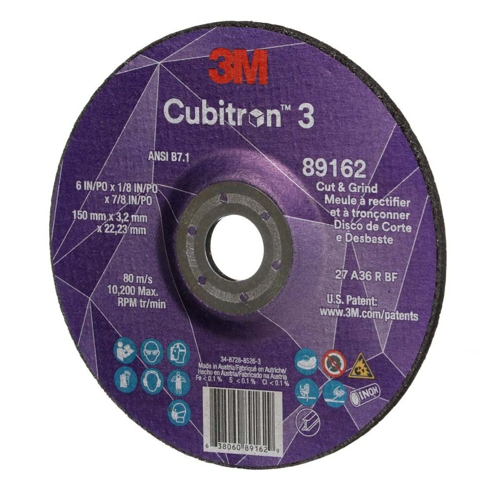 3M 89162 Cubitron 3 Cut and Grind Wheel, 36+, T27, 6 in x 1/8 in x 7/8 in (150 x 3.2 x 22.23 mm), ANSI (7100313586) - 3