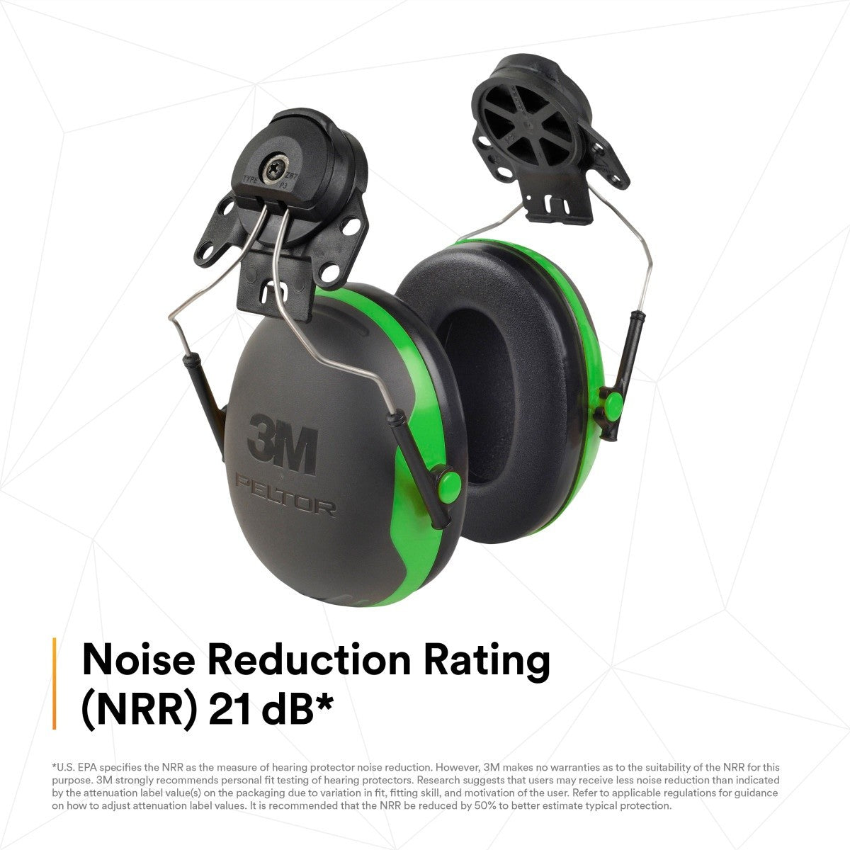 3M X1P3E PELTOR Helmet Attached Earmuffs, NRR 21 dB, Cap Style Hard Hat Compatible, Black/Green (7100315030) (1 Pair) (10 Pack) - 4