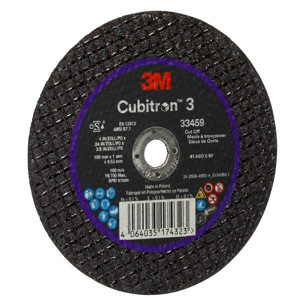 3M 33459 Cubitron Cut-Off Wheel, 100 mm x 1 mm x 9.53 mm (4 in x 1/8 in x 3/8 in), Black, for Collision Repair (7100334189) (30 Pack) - 3
