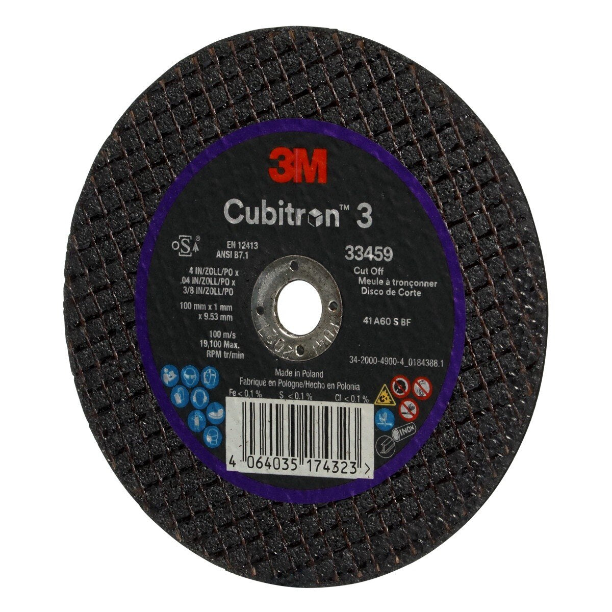 3M 33459 Cubitron Cut-Off Wheel, 100 mm x 1 mm x 9.53 mm (4 in x 1/8 in x 3/8 in), Black, for Collision Repair (7100334189) (30 Pack) - 4