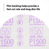 3M 260L 00950 Hookit Finishing Film Abrasive Disc, Aluminum Oxide, P1500, White, 6 in, Clear Coat Sanding, Paint Finishing, Defect Removal (7000000566) (400 Pack) - 6