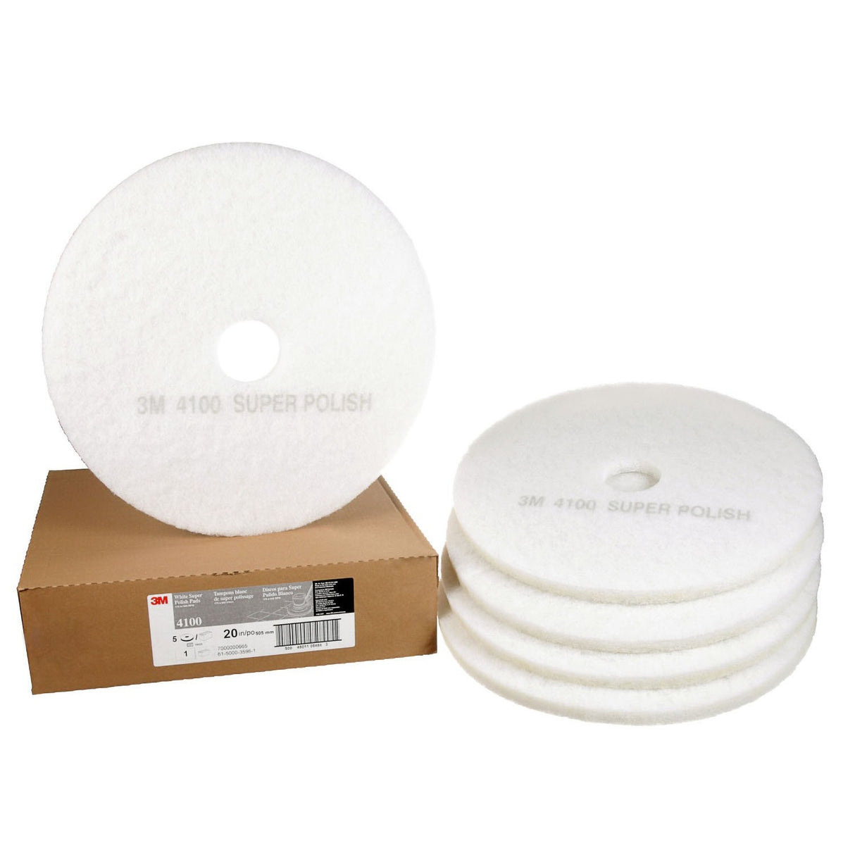 3M White Super Polish Pad 4100 Floor Buffing Pad, Fine, White, 20 in x 1 in, Center Hole (7000000665) (5 Pack) - 3