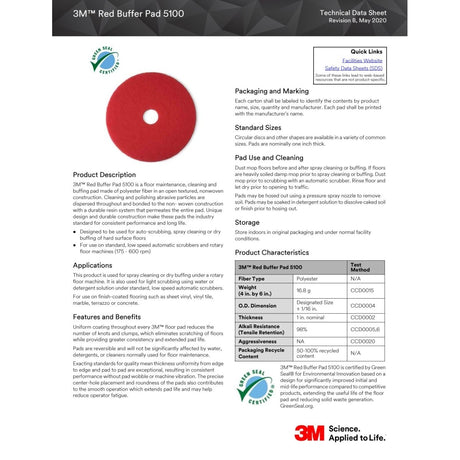 3M 5100 Red Buffer Floor Pad, 16 in Round, Center Hole, Non-Woven Polyester, Low Speed 175-600 RPM (7000000680) (5 Pack) - 2