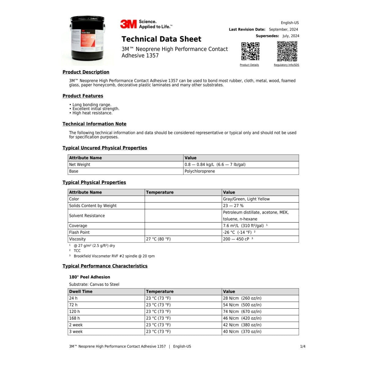 3M 1357 Neoprene High Performance Contact Adhesive, Gray-Green, 1 Gallon Can (7000000803)  - (4Pack) - 2