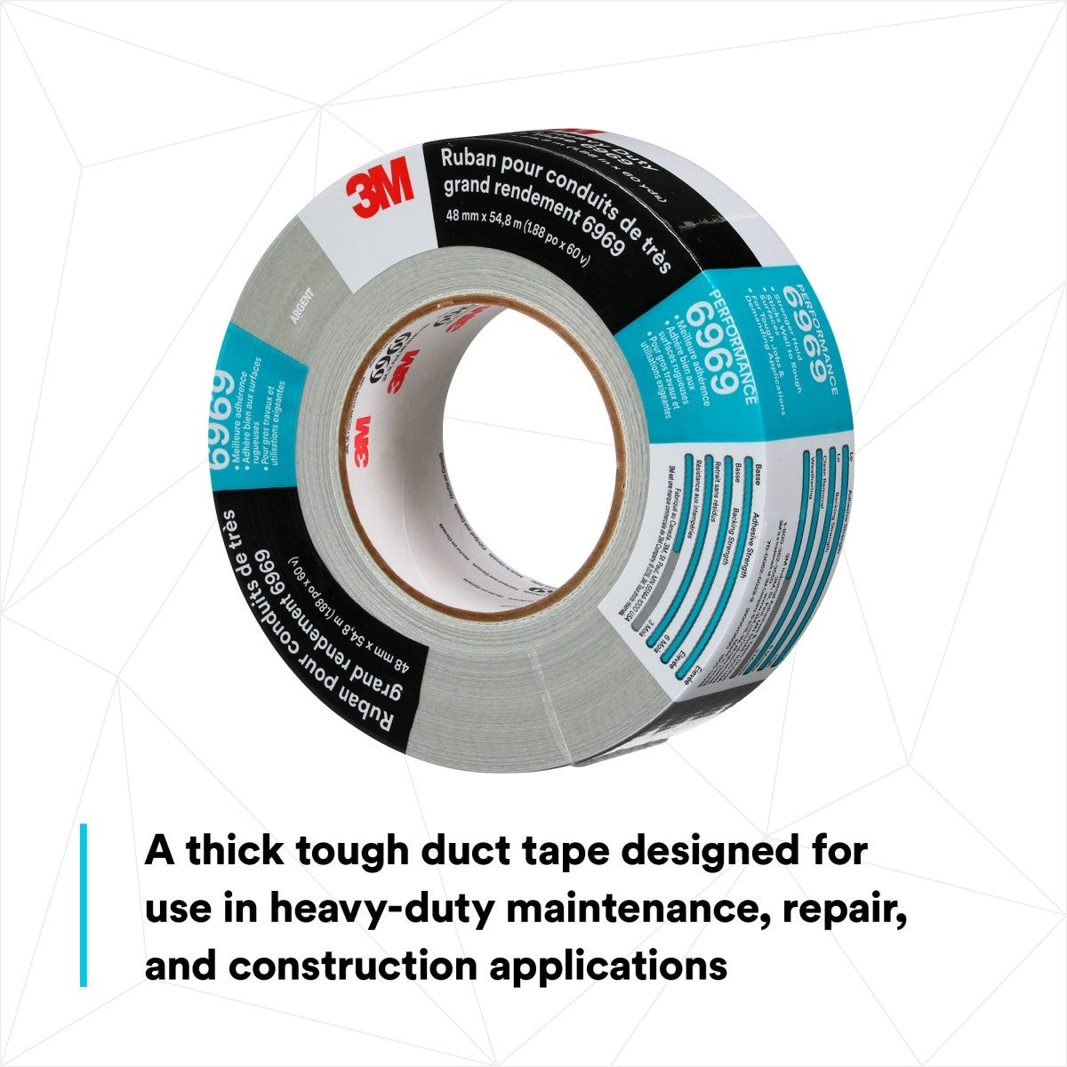 3M 6969 Extra Heavy Duty Duct Tape, Silver, 48 mm x 54.8 m, 10.7 mil (7000001230) - 6