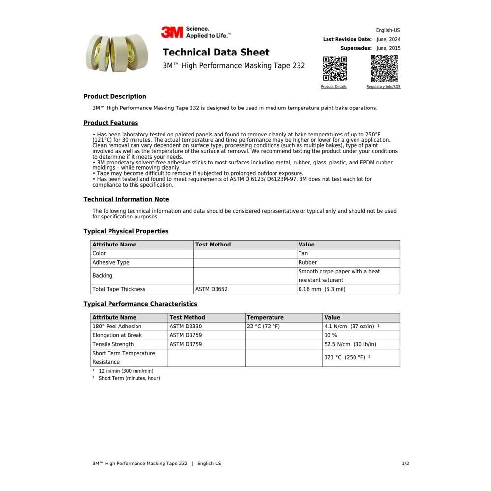 3M 232 High Performance Masking Tape , Tan, 72 mm x 55 m, 6.3 mil (7000001267) (12 Pack) - 4