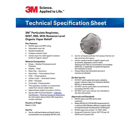 3M 54358 8247 Particulate Respirator, R95, NIOSH Approved, Nuisance Level Organic Vapor Relief, Braided Comfort Strap, Carbon Filter, Gray (7000002060) (20 Pack) - 7