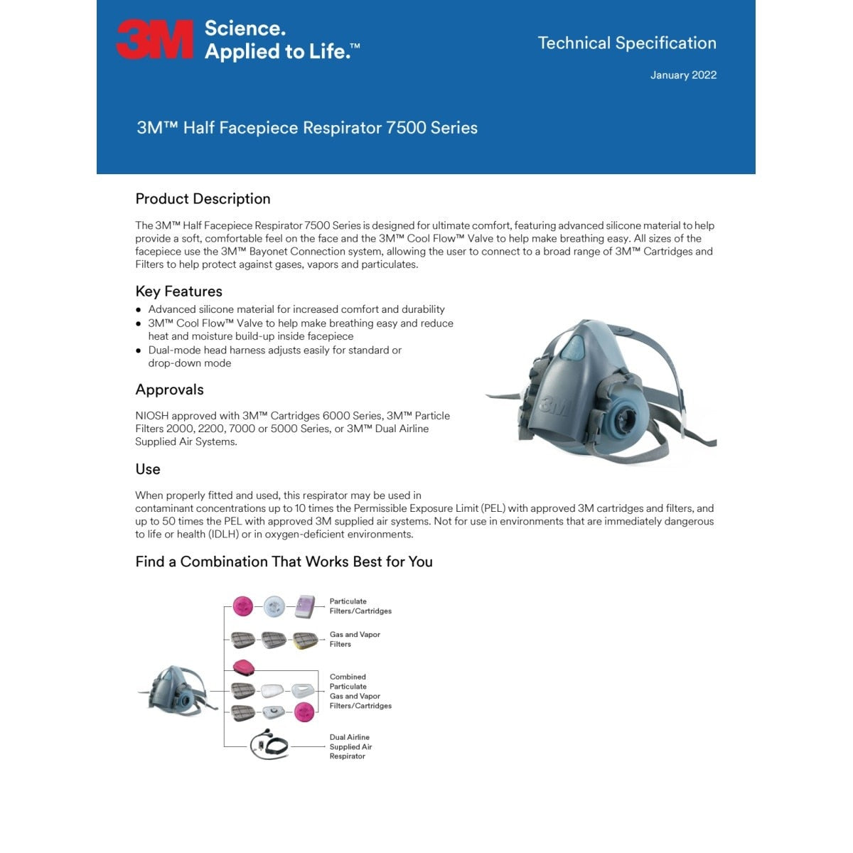 3M 37082 7502 Reusable Respirator Half Facepiece, Medium, Silicone, Cool Flow Valve, Drop-Down Harness, Bayonet Connections, Dual Airline Compatible (7000002162)  - (10Pack) - 6