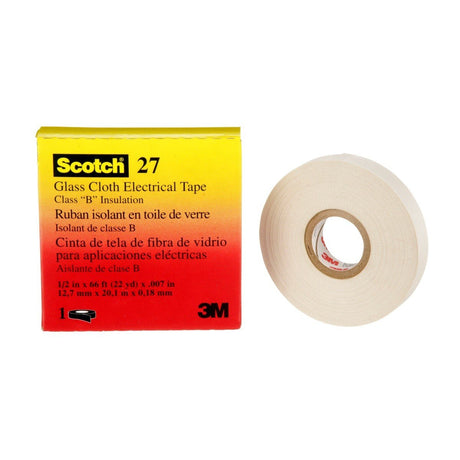 3M Scotch Glass Cloth Electrical Tape 27, 1/2 in x 66 ft, 7 mil, White, Rubber Adhesive, High Temperature (27-1/2"X66') (7000005814)  - (10Pack)