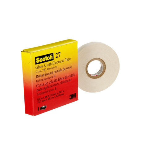 3M Scotch Glass Cloth Electrical Tape 27, 1/2 in x 66 ft, 7 mil, White, Rubber Adhesive, High Temperature (27-1/2"X66') (7000005814)  - (10Pack) - 2