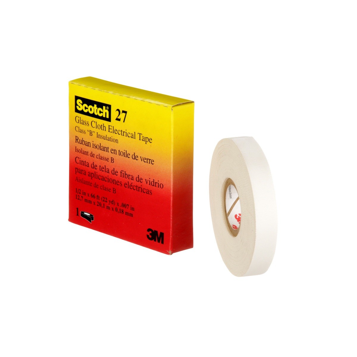 3M Scotch Glass Cloth Electrical Tape 27, 1/2 in x 66 ft, 7 mil, White, Rubber Adhesive, High Temperature (27-1/2"X66') (7000005814)  - (10Pack) - 3