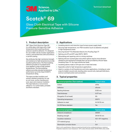 3M 69 Scotch Glass Cloth Electrical Tape, White, 3/4 in x 66 ft, Silicone Adhesive, 7 mil, High Temperature, Flame Retardant (69-3/4"X66') (7000005818) (10 Pack) - 6