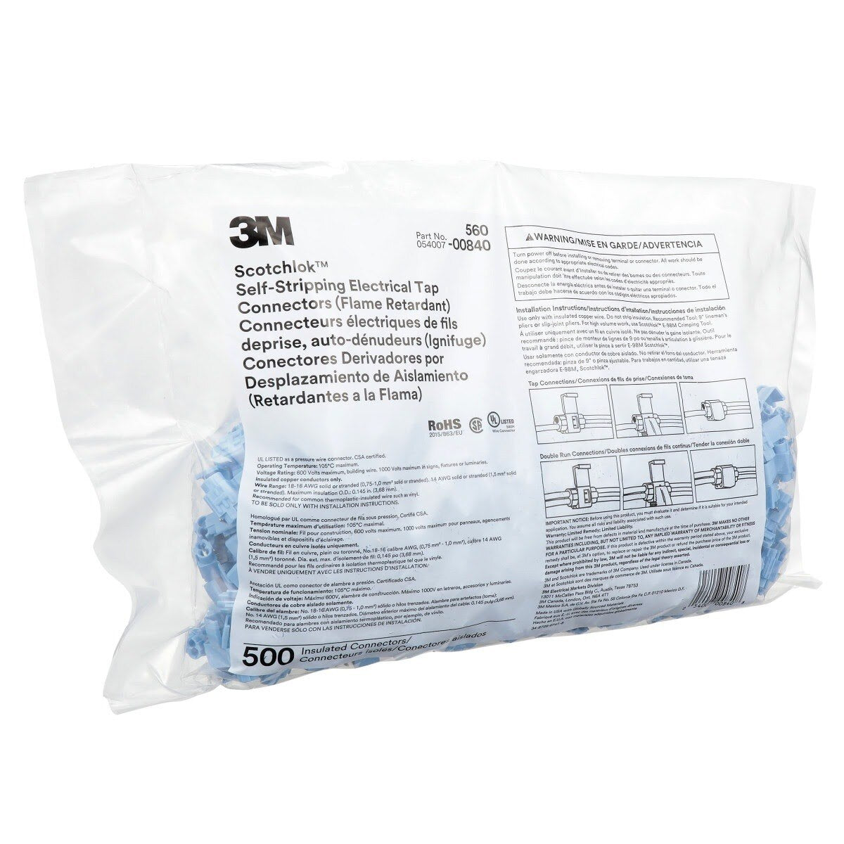3M 560-BULK Scotchlok Electrical IDC, Light Blue, 18?16 AWG (solid/stranded), 14 AWG (stranded) (7000005878) (5000 Pack) - 6