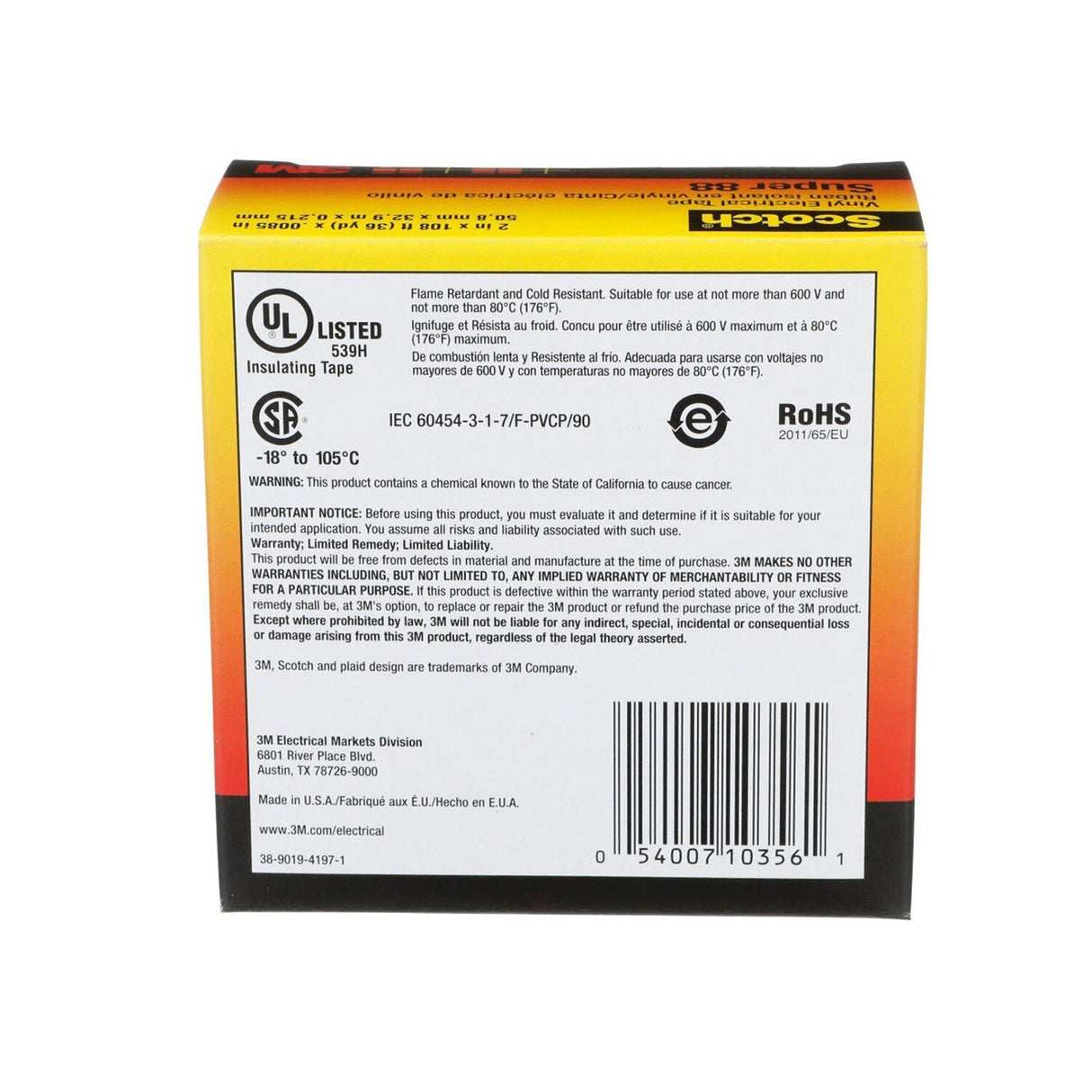 3M Scotch Super 88 Vinyl Electrical Tape, Black, 2 in x 36 yd, Premium Grade, Rubber Resin Adhesive, PVC Backing (88-2X36YD) (7000006093)  - (12Pack) - 8