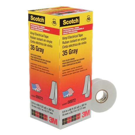 3M Scotch Vinyl Color Coding Electrical Tape 35, Gray, 3/4 in x 66 ft, 7 mil, Professional Grade, Flame Retardant, UL Listed, CSA Certified (35-3/4X66FT-GY) (7000006099) (10 Pack) - 3