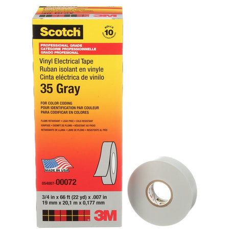 3M Scotch Vinyl Color Coding Electrical Tape 35, Gray, 3/4 in x 66 ft, 7 mil, Professional Grade, Flame Retardant, UL Listed, CSA Certified (35-3/4X66FT-GY) (7000006099) (10 Pack) - 4