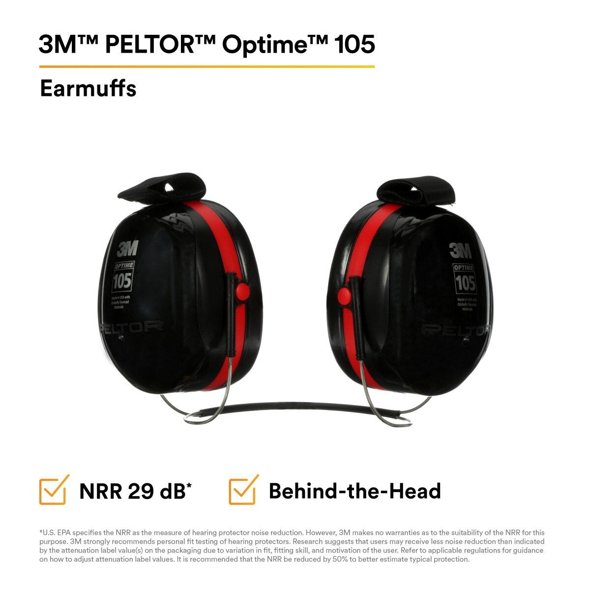 3M 7000009664 PELTOR Optime 105 Behind-the-Head Earmuffs, 29 dB NRR (1 Pack)  - (10Pack) - 5