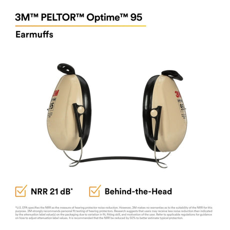 3M 7000009666 PELTOR Optime 95 Behind-the-Head Earmuffs, 21 dB NRR, Adjustable Earcups, Beige  - (10Pack) - 2