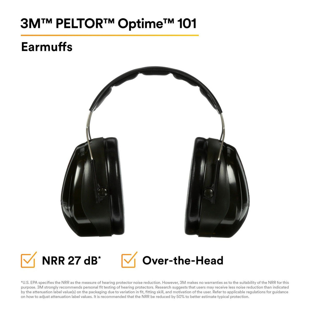3M 7000009669 PELTOR Optime 101 Over-the-Head Earmuffs 27 dB NRR (1 Pack)  - (10Pack) - 5