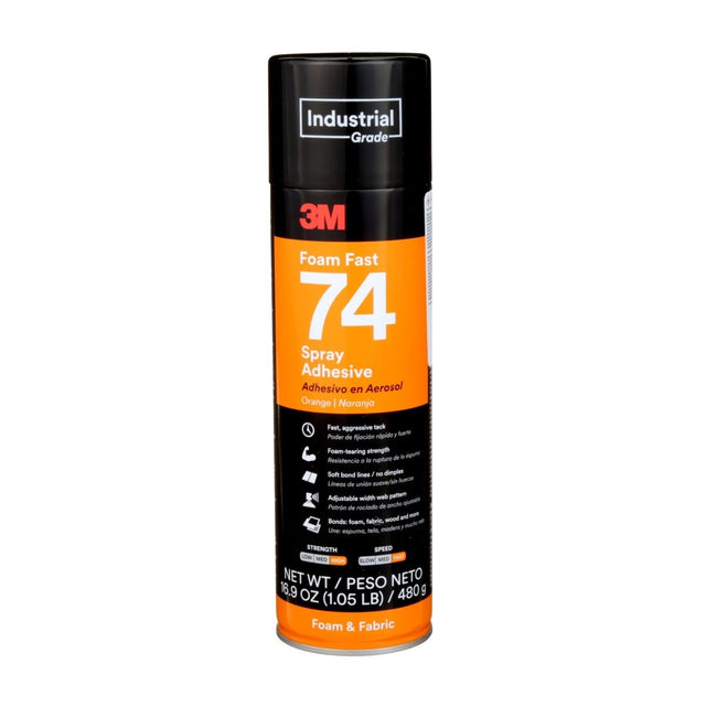3M 74 Foam Fast Spray Adhesive, Orange, 24 fl oz Can, Net Wt 16.9 oz (82242) (7000023925) (12 Pack)