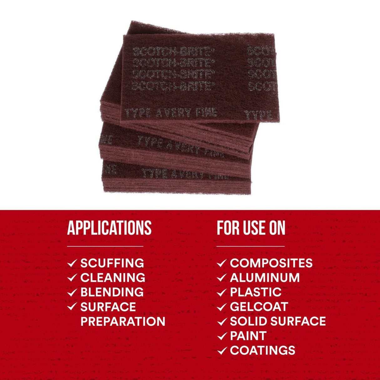 3M HP-HP 7447 Scotch-Brite General Purpose Hand Pad, Very Fine, Aluminum Oxide, Maroon, 6 in x 9 in (7000027560) (60 Pack) - 5